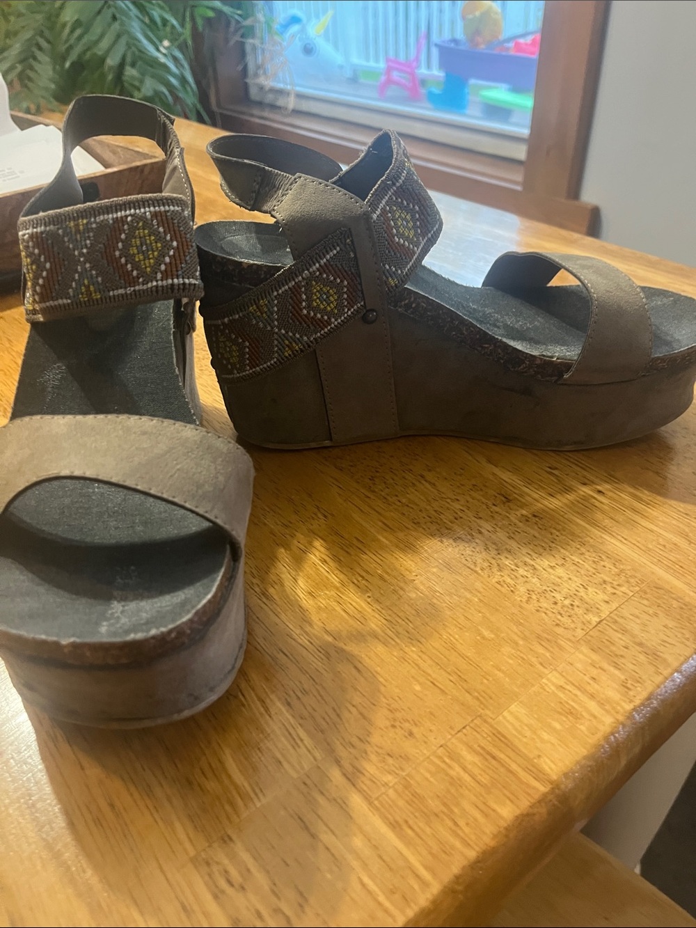 Platform Wedge Sandals with Embroidered Ankle Strap - Taupe
